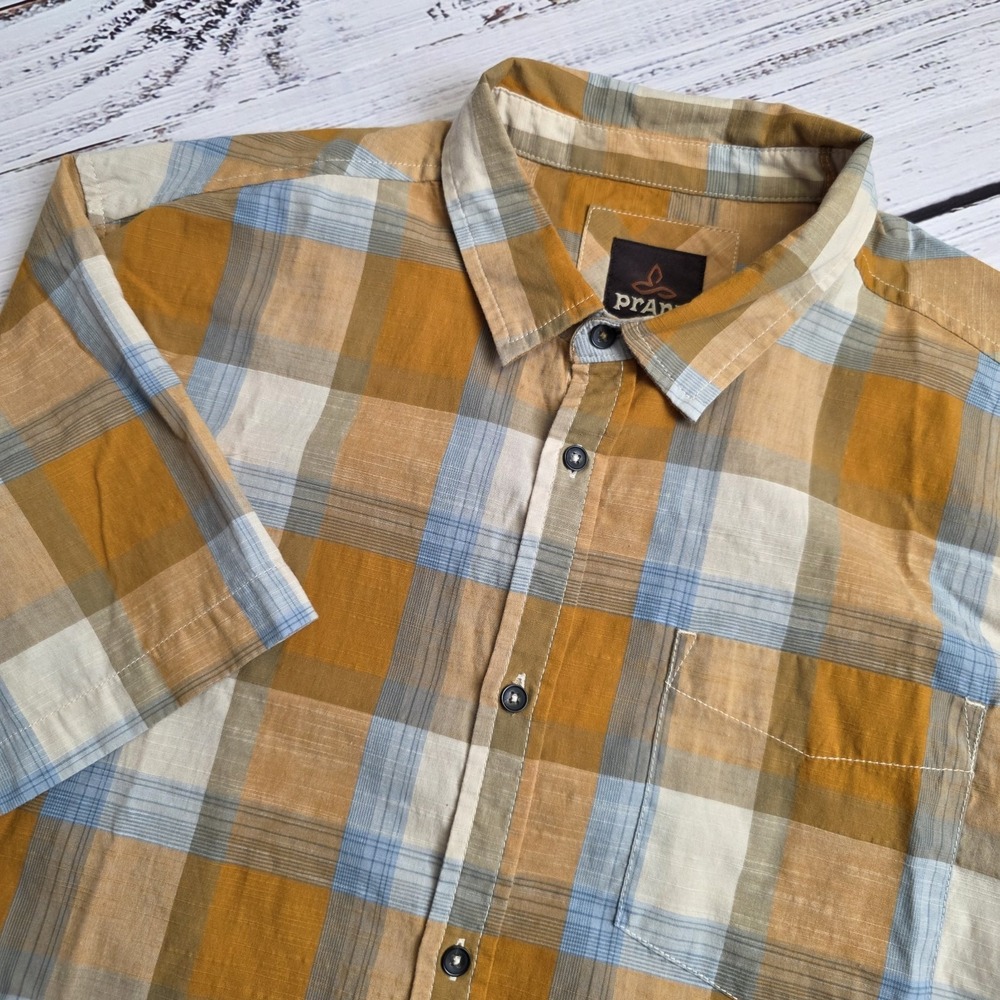Prana Mens XL Short Sleeve Button Up Benton Shirt Orange Blue Plaid Regular Fit